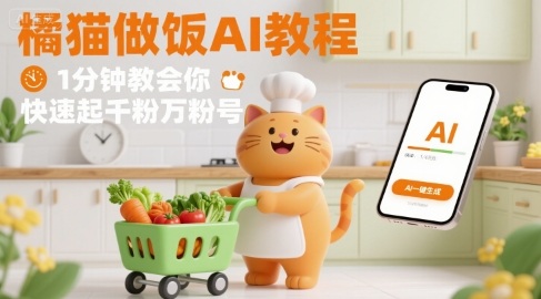 有趣的橘猫买菜做饭视频，用AI一键搞定，1分钟教会你，快速起千粉万粉号-锦程资源站