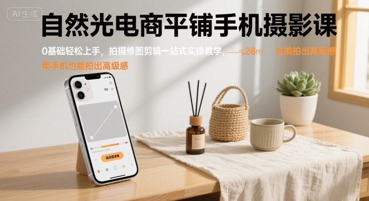 自然光电商平铺手机摄影课，0基础轻松上手，拍摄修图剪辑一站式实操教学，用手机也能拍出高级感-锦程资源站