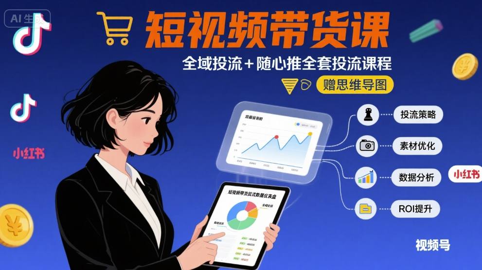 最新短视频带货课，全域投流+随心推全套投流课程+思维导图-锦程资源站