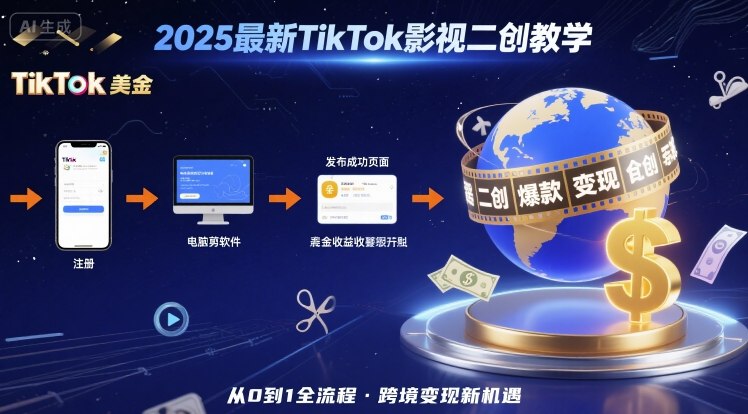 2025年最新TikTok影视二创教学，从注册到发布撸美金全流程，跨境变现新机遇-锦程资源站