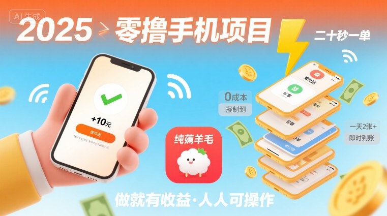 2025年零撸手机项目，二十秒一单，纯薅羊毛 一天2张+做就有【揭秘】-锦程资源站
