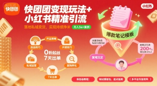 快团团变现玩法+小红书精准引流技巧，助你真正落地私域卖货，实现持续挣米-锦程资源站