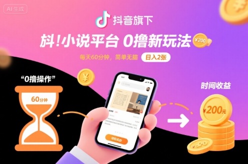 抖音旗下小说平台0撸新玩法，每天挂G60分钟，简单无脑，日入2张【揭秘】-锦程资源站