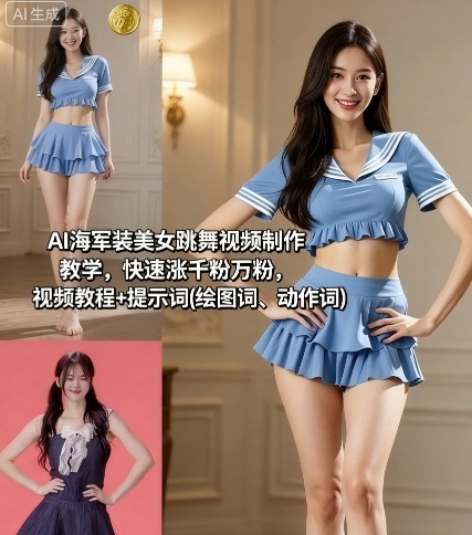 AI海军装美女跳舞视频制作教学，快速涨千粉万粉，视频教程+提示词(绘图词、动作词)-锦程资源站