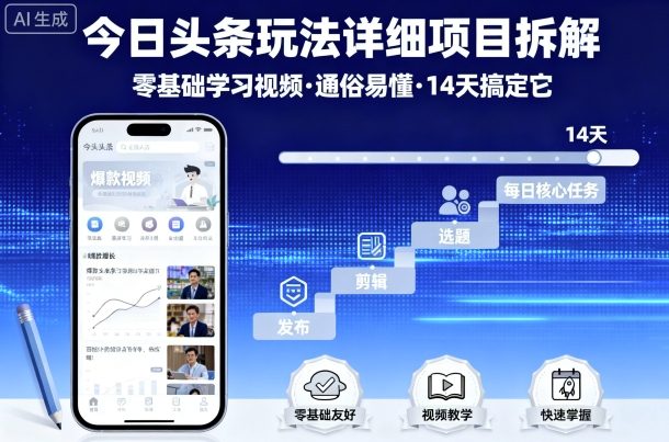 今日头条玩法详细项目拆解，零基础学习视频 通俗易懂 14天搞定它-锦程资源站