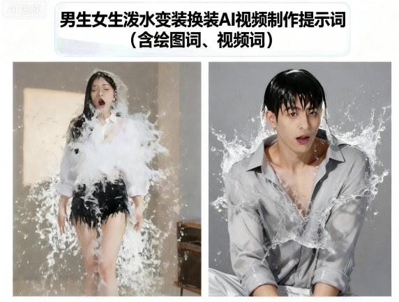 男生女生泼水变装换装AI视频制作提示词(含绘图词、视频词)-锦程资源站