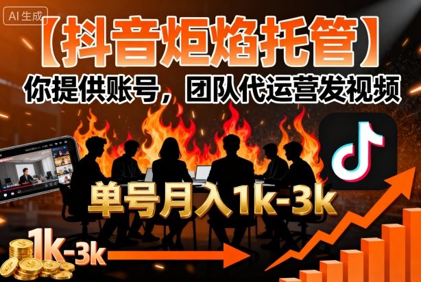 【抖音炬焰托管】你提供账号，团队代运营发视频，单号月入1k+【揭秘】-锦程资源站