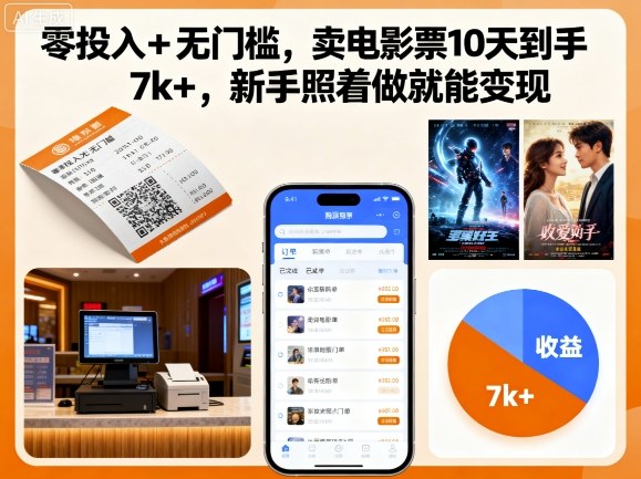 零投入+无门槛，卖电影票10天到手7k+，新手照着做就能变现【揭秘】-锦程资源站