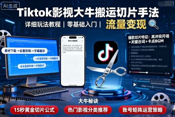 Tiktok影视大牛搬运切片手法，详细玩法教程-锦程资源站