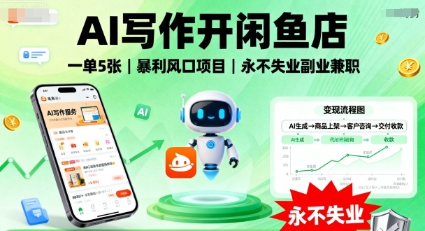 AI写作开闲鱼店，一单5张，暴利风口项目，永不失业副业兼职【全网首发】-锦程资源站