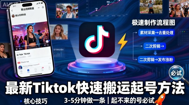 最新Tiktok快速搬运快速起号方法，3-5分钟做一条，起不来的号可以试试-锦程资源站