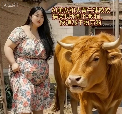 AI美女和大黄牛摔跤搞笑荒诞视频制作教程，快速涨千粉万粉-锦程资源站