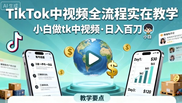 TikTok中视频全流程实操教学，小白做tk中视频，日入百刀-锦程资源站