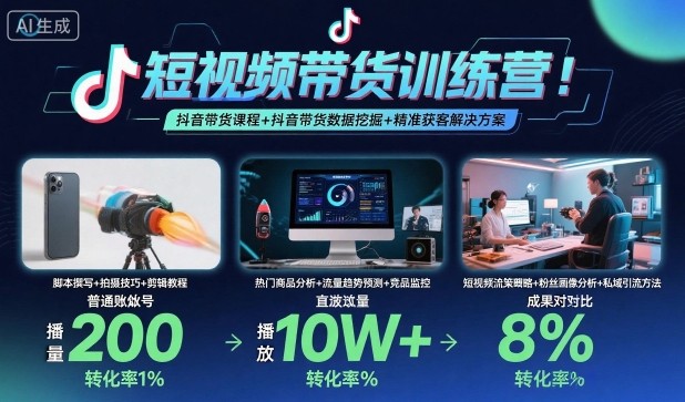 短视频带货训练营,抖音带货课程+抖音带货数据挖掘+精准获客解决方案-锦程资源站