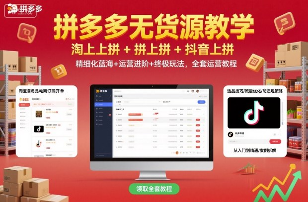拼多多无货源教学，淘上拼+拼上拼+抖上拼，精细化蓝海+运营进阶+终极玩法，全套运营教程-锦程资源站