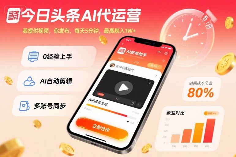 今日头条AI代运营，我提供视频，你发布，每天5分钟，最高躺入1W+【揭秘】-锦程资源站