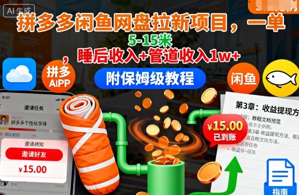 拼多多闲鱼网盘拉新项目，一单5-15米，睡后收入+管道收入1w+（附保姆级教程）-锦程资源站