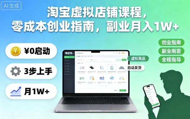 淘宝虚拟店铺课程，零成本创业指南，副业月入1W+-锦程资源站