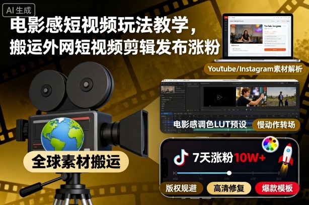 电影感短视频玩法教学，搬运外网短视频剪辑发布涨粉-锦程资源站