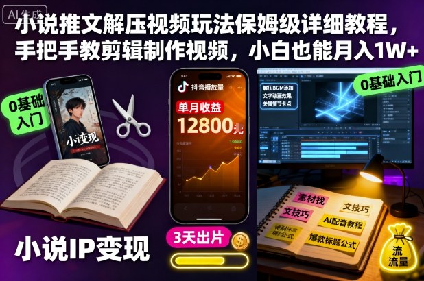 小说推文解压视频玩法保姆级详细教程，手把手教剪辑制作视频，小白也能月入1W+-锦程资源站