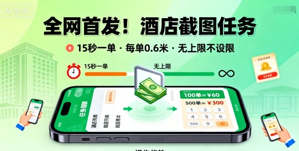 全网首发！酒店截图任务，15秒一单，每单0.6米，任务无上限不设限，矩阵操作单日3张到手【揭秘】-锦程资源站