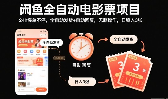 闲鱼全自动电影票项目,24h爆单不停,全自动发货+自动回复,无脑操作,日稳入3张【揭秘】-锦程资源站