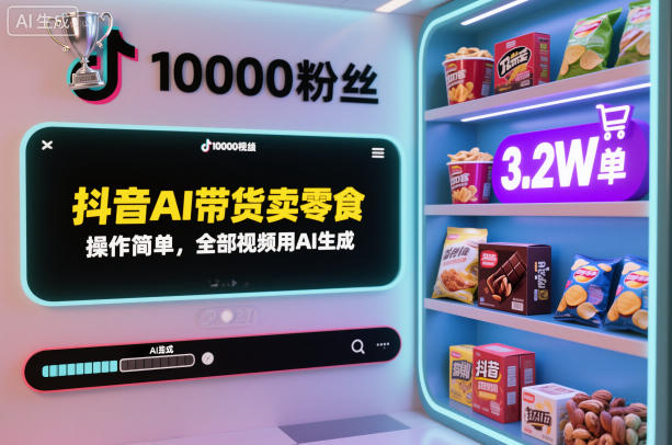 抖音AI带货卖零食，操作简单，全部视频用AI生成，一万粉丝，卖了3.2W单-锦程资源站