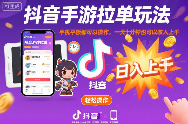 抖音手游拉单玩法，手机平板都可以操作，一天十分钟也可以收入上K【揭秘】-锦程资源站