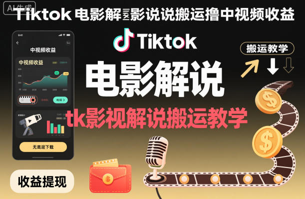 Tiktok电影解说搬运撸中视频收益，tk影视解说搬运教学-锦程资源站
