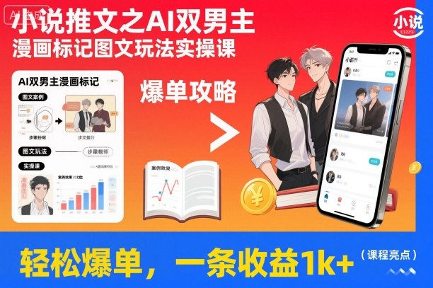 小说推文之AI双男主漫画标记图文玩法实操课，轻松爆单，一条收益1k+-锦程资源站