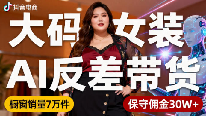 抖音小众赛道，大码女装AI反差带货，不用直播，每天6条作品，橱窗卖7万件，保守佣金30W+-锦程资源站