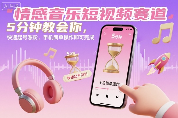 情感音乐短视频赛道，5分钟教会你，快速起号涨粉，手机简单操作即可完成-锦程资源站