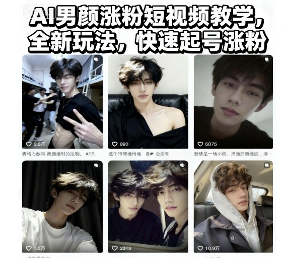 AI男颜涨粉短视频教学，全新玩法，快速起号涨粉-锦程资源站