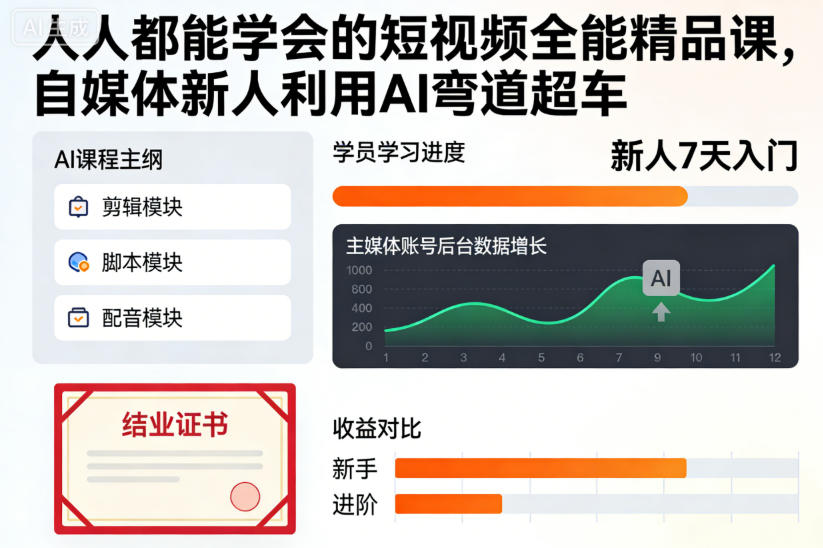 人人都能学会的短视频全能精品课，自媒体新人利用AI弯道超车-锦程资源站