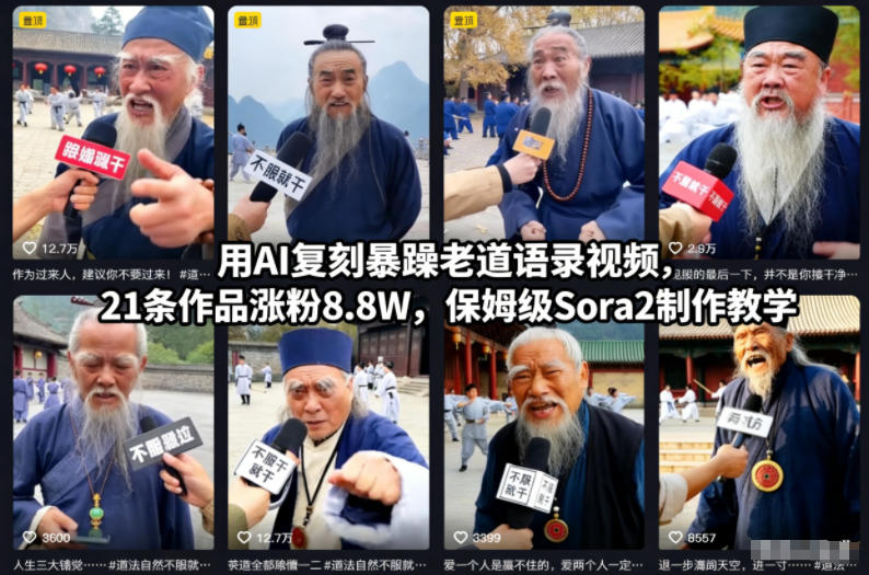 用AI复刻暴躁老道语录视频,21条作品涨粉8.8W,保姆级Sora2制作教学-锦程资源站