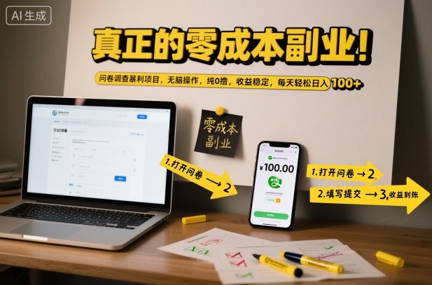 真正的零成本副业！问卷调查暴利项目，无脑操作，纯0撸，收益稳定，每天轻松日入100+【揭秘】-锦程资源站