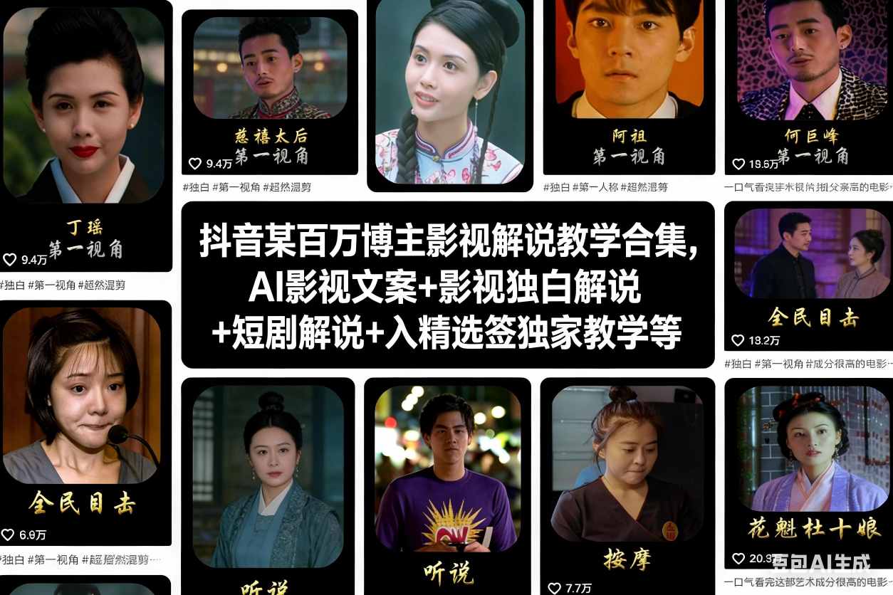 抖音某百万博主影视解说教学合集，AI影视文案+影视独白解说+短剧解说+入精选签独家教学等-锦程资源站