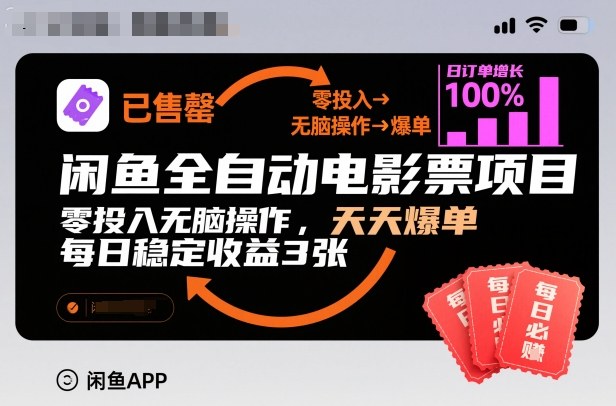 闲鱼全自动电影票项目，零投入无脑操作，天天爆单，每日稳定收益3张【揭秘】-锦程资源站
