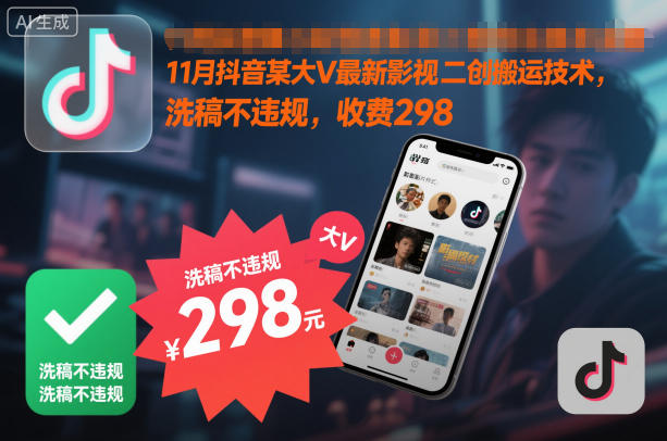 11月抖音某大V最新影视二创搬运技术，洗稿不违规，收费298-锦程资源站
