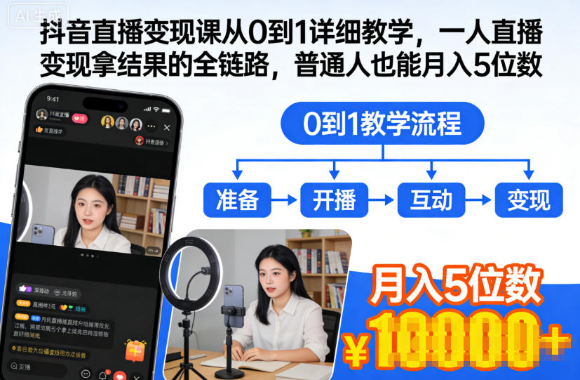 抖音直播变现课从0到1详细教学，一人直播变现拿结果的全链路，普通人也能月入5位数-锦程资源站