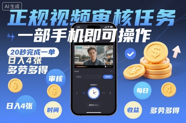 正规视频审核任务，一部手机即可操作，20秒完成一单，日入4张，多劳多得【揭秘】-锦程资源站