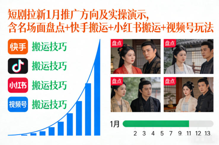 短剧拉新1月推广方向及实操演示，含名场面盘点+快手搬运+小红书搬运+视频号玩法-锦程资源站