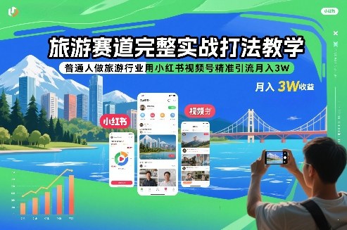 旅游赛道完整实战打法教学，普通人做旅游行业用小红书视频号精准引流月入3W-锦程资源站