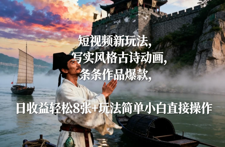 短视频新玩法，写实风格古诗动画，条条作品爆款，日收益轻松8张+玩法简单小白直接操作-锦程资源站