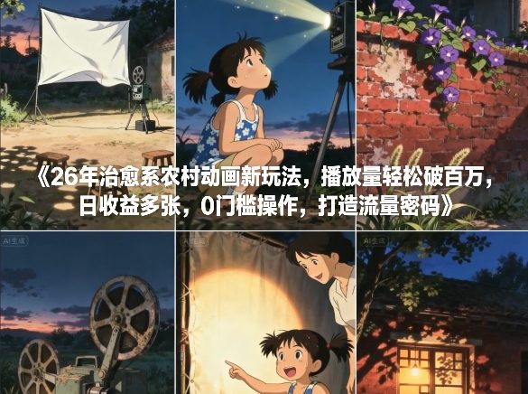 26年治愈系农村动画新玩法，播放量轻松破百万，日收益多张，0门槛操作，打造流量密码-锦程资源站
