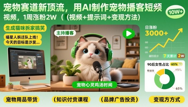 宠物赛道新顶流，用AI制作宠物播客短视频，1周涨粉2W（视频+提示词+变现方法）-锦程资源站