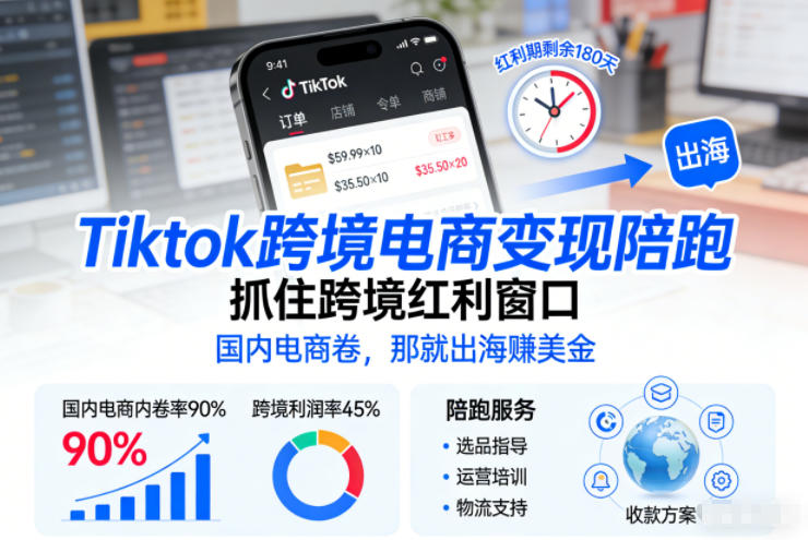 Tiktok跨境电商变现陪跑，抓住跨境红利窗口，国内电商卷，那就出海賺美金-锦程资源站