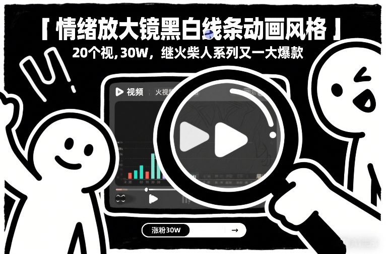 情绪放大镜黑白线条动画风格，20个视频，涨粉30W，继火柴人系列又一大爆款-锦程资源站