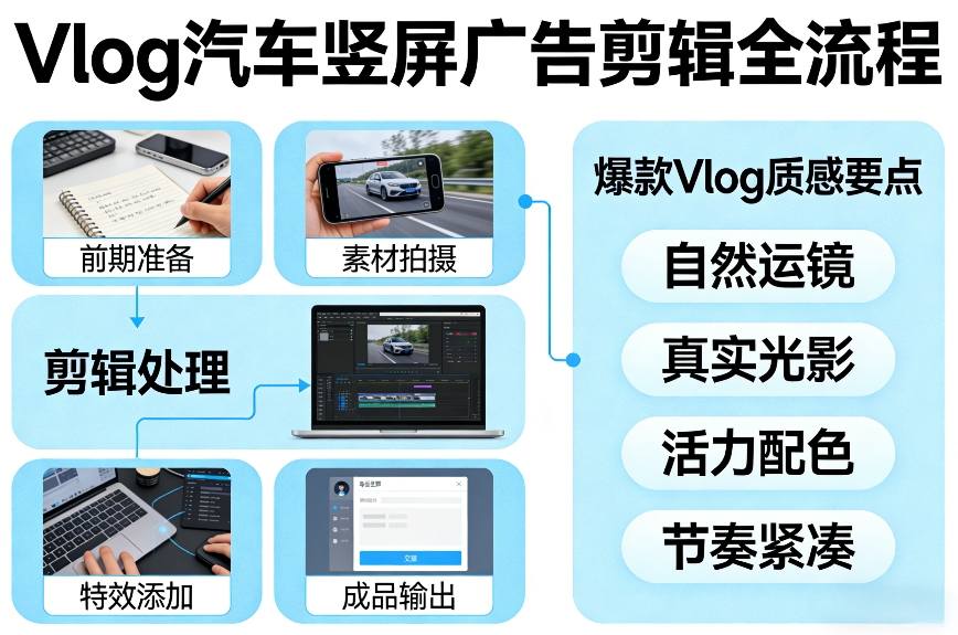 Vlog感觉汽车竖屏广告剪辑脚本全流程，拿捏爆款Vlog质感-锦程资源站