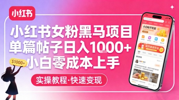 小红书女粉黑马项目，单篇帖子日入1k+，小白零成本上手-锦程资源站